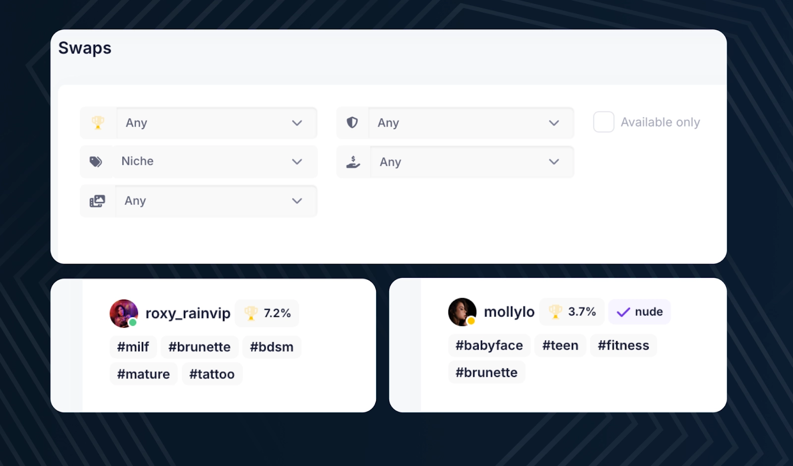 Раздел настроек профиля на OnlyTraffic, где в поле 'Хэштеги' добавлены теги, такие как #фитнес и #косплей для лучшего подбора партнеров.