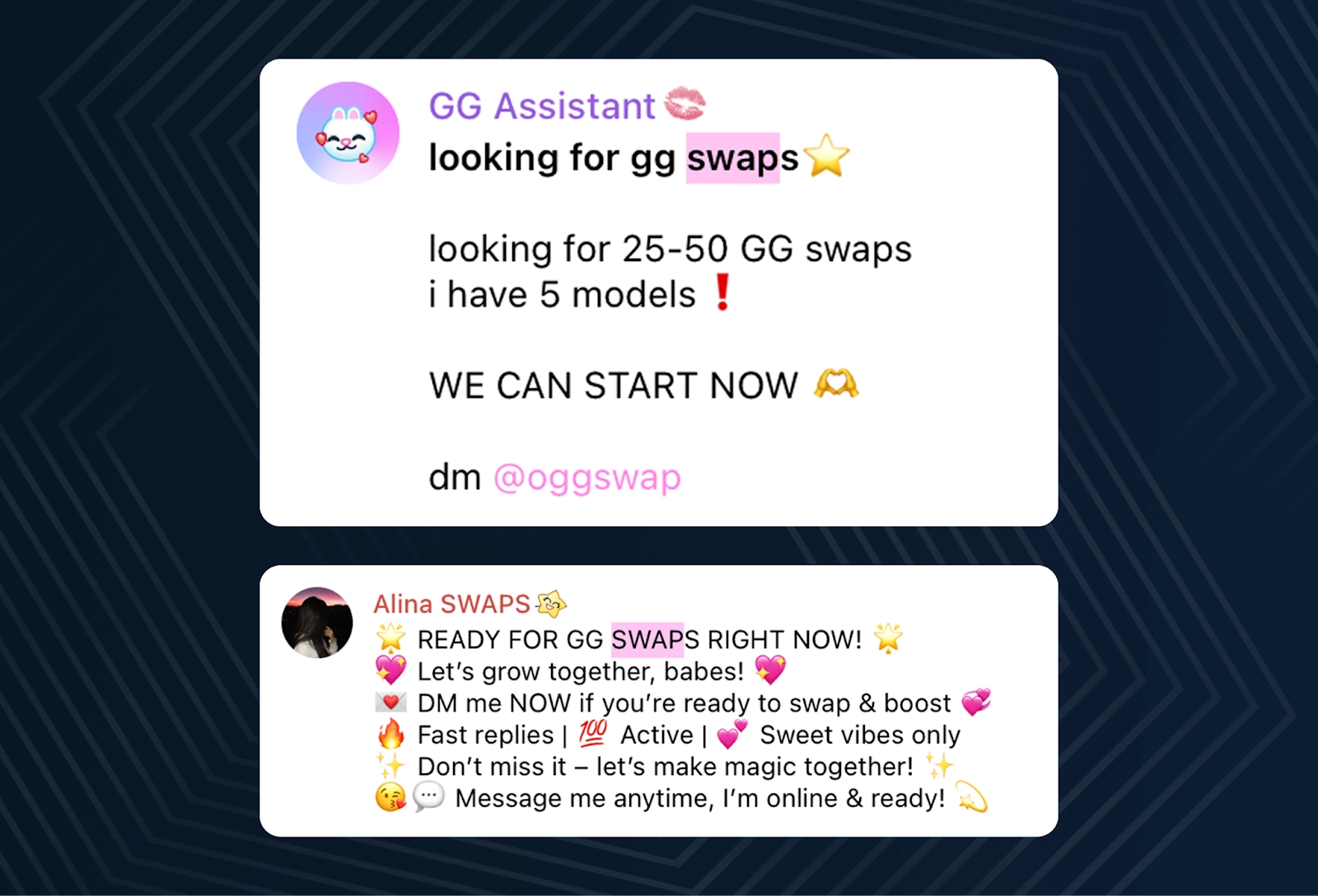 Скриншот интерфейса Telegram, показывающий список чатов с названиями 'OnlyFans GG Swaps' и 'OF Collabs', где авторы ищут партнеров для обмена.