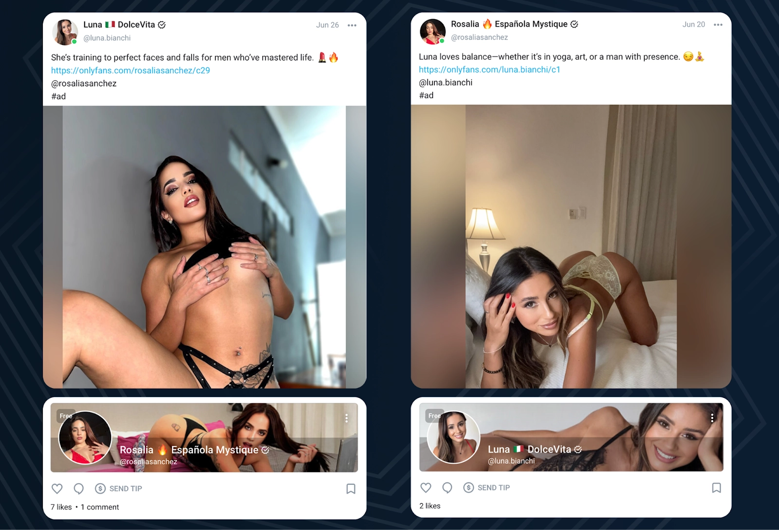 Скриншоты постов на OnlyFans, где одна модель рекламирует другую в рамках GG Swap, с фотографией и ссылкой на ее профиль.