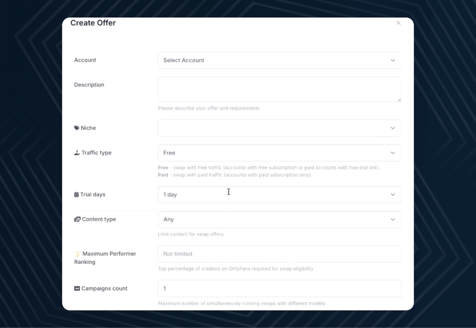 Начальный экран создания сделки на платформе OnlyTraffic с ярко выделенным текстом 'Создать предложение GG Swap'.