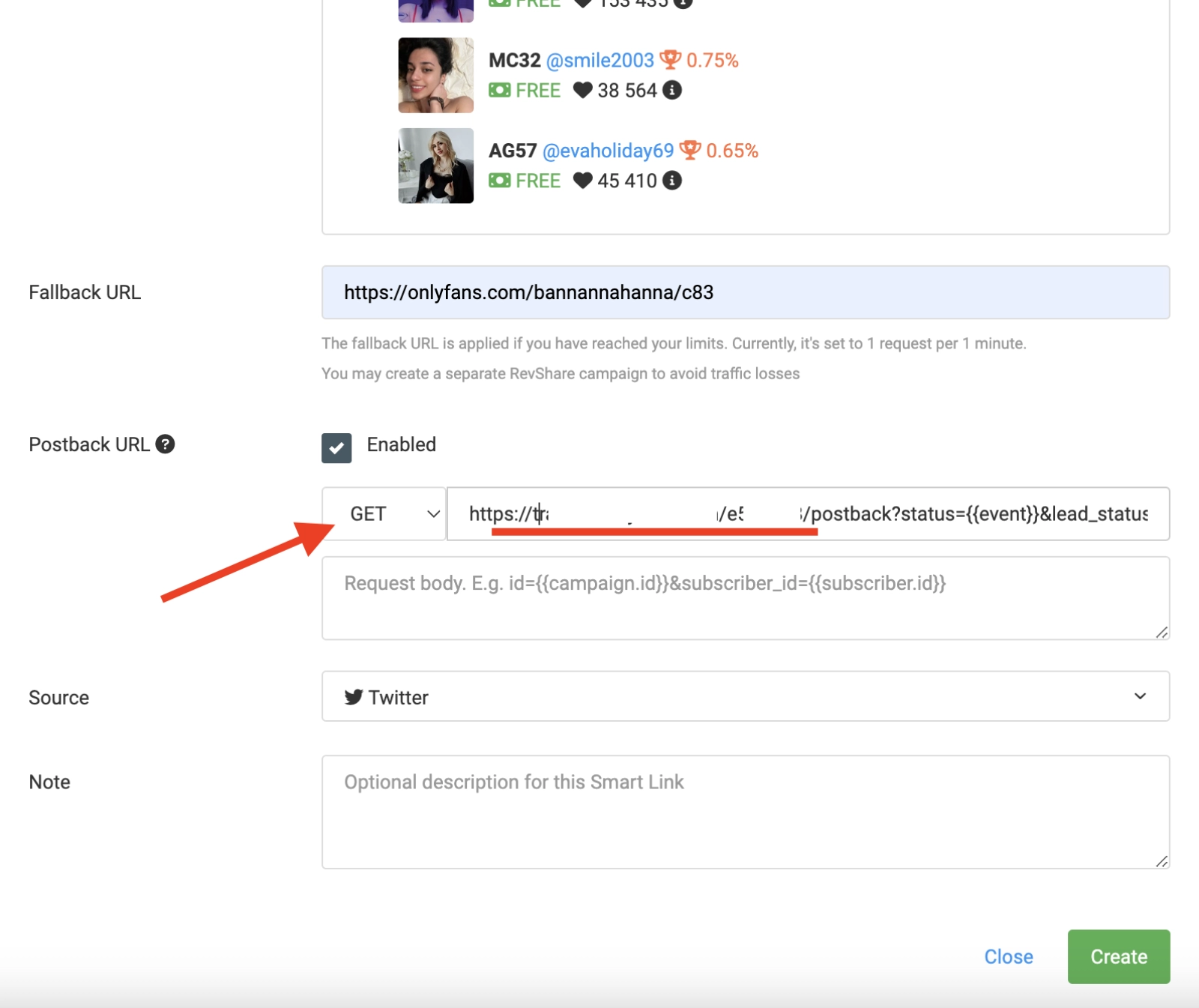 Add postback in smart link OnlyTraffic
