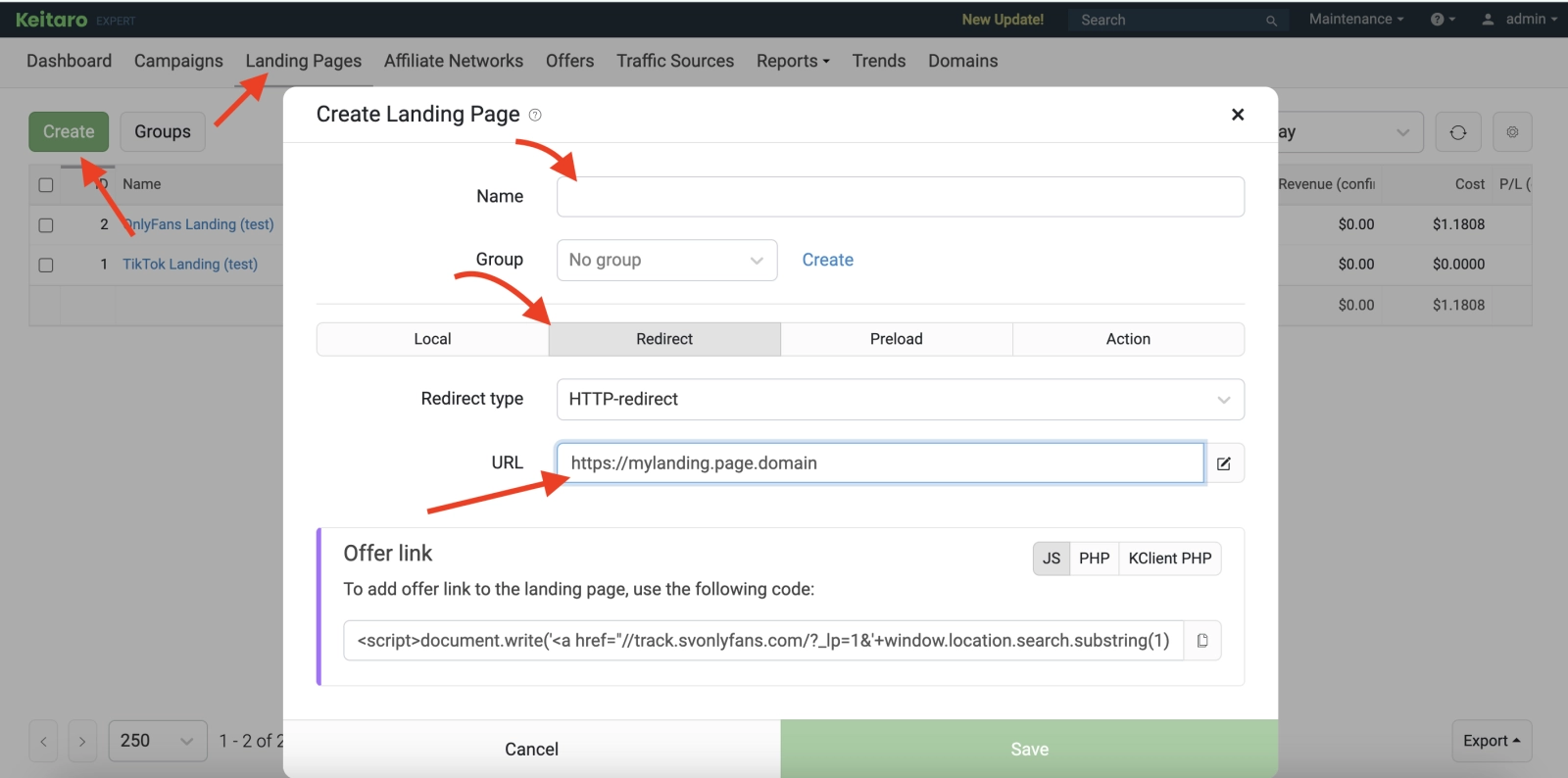 adding landing page to Keitaro