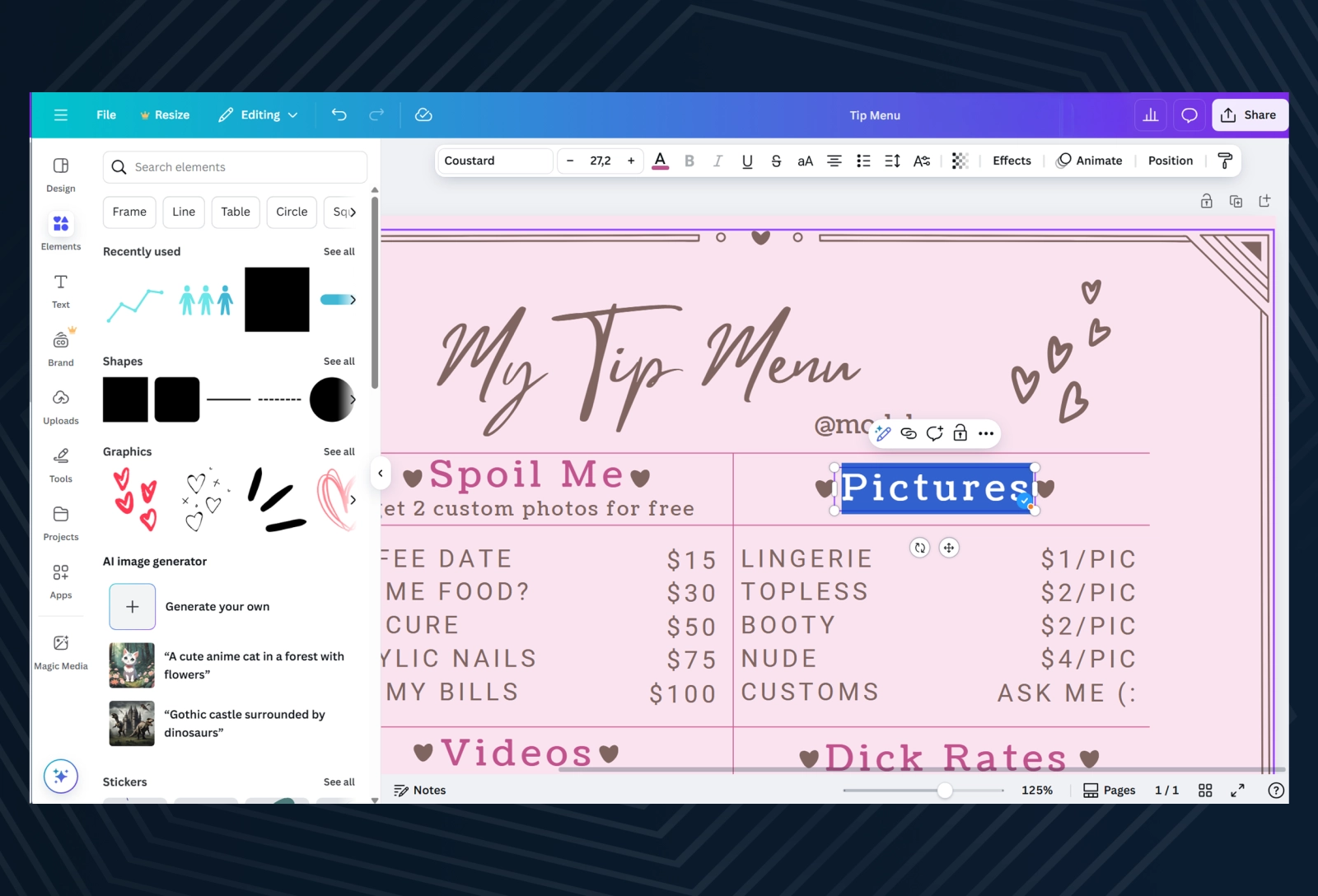 Design own OnlyFans tip menu in Canva
