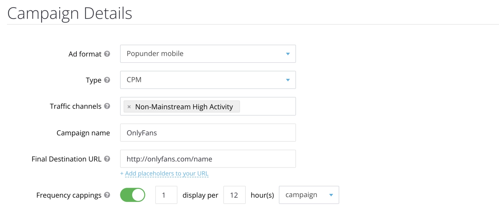 Details of setting up ads on popunder traffic