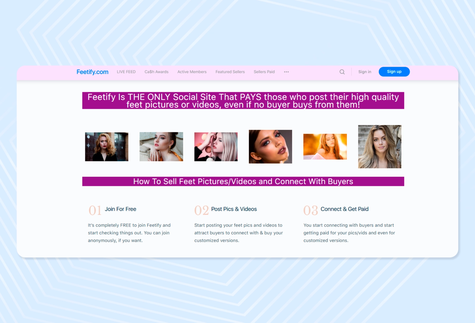 Home page of the platform for selling and buying photos of feet - Feetify