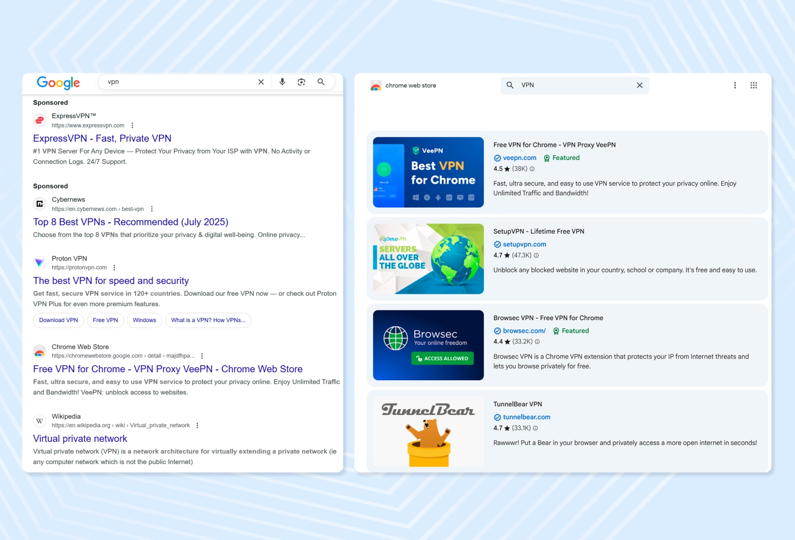 There are many free VPNs and VPN extensions for browsers available on the Internet