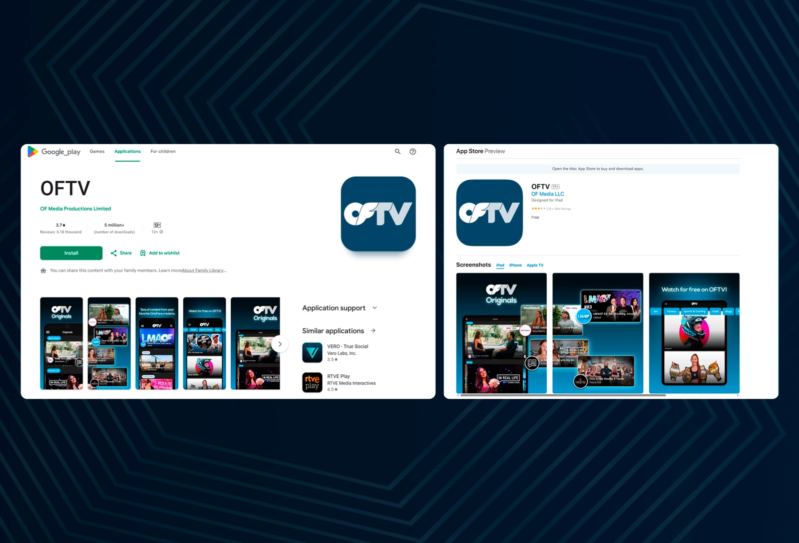 OFTV app pages on Google Play and the App Store