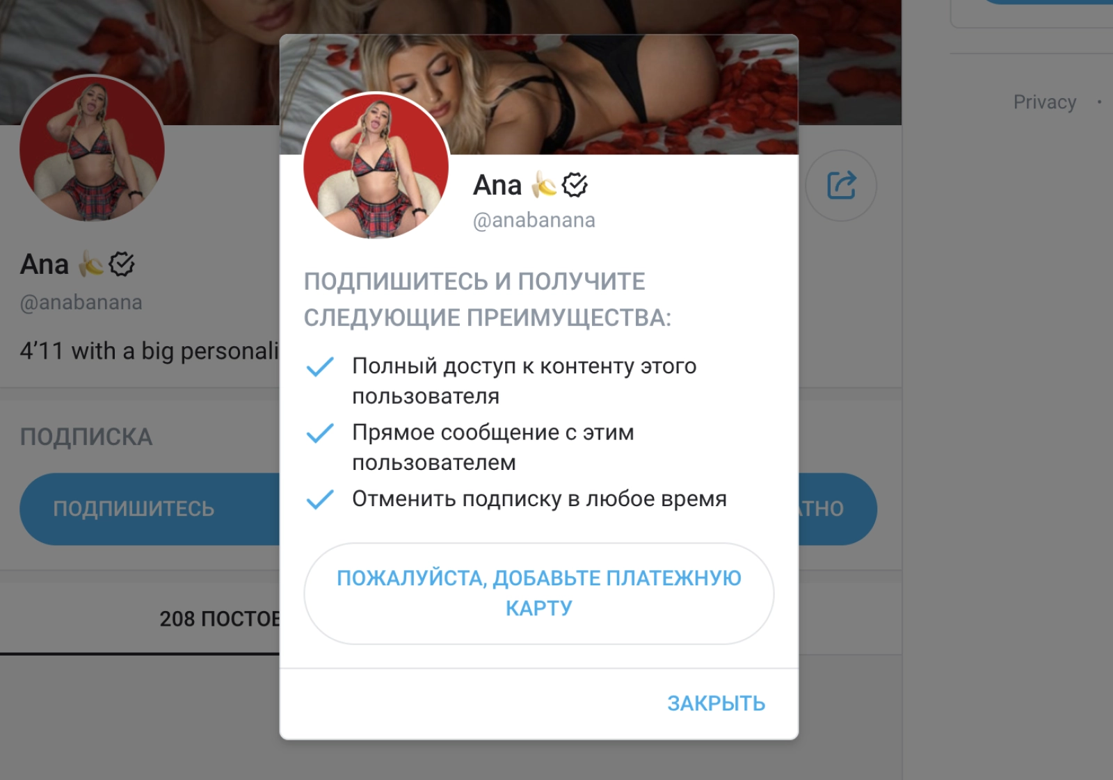 Окно добавления банковской карты на платформе OnlyFans