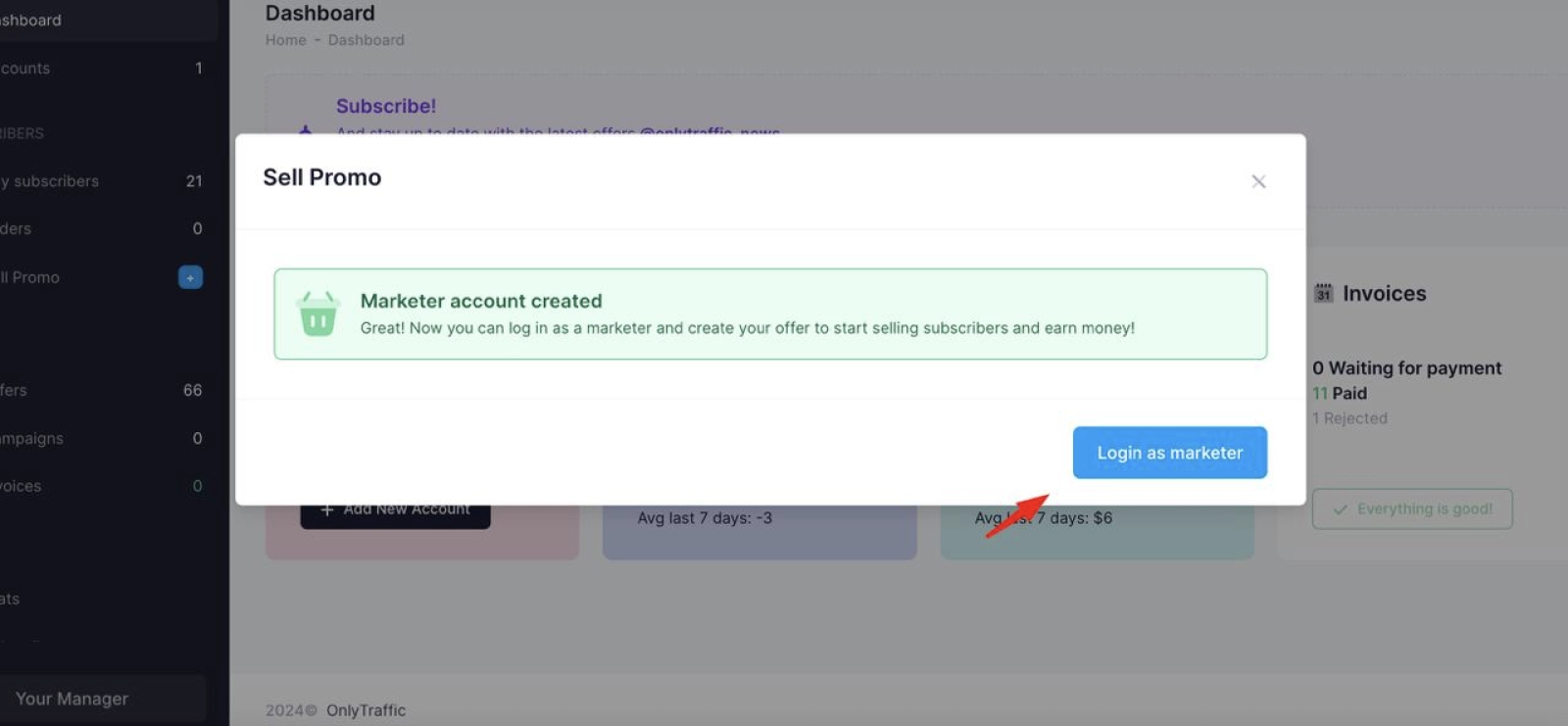 Onlytraffic Sell Promo on OnlyFans success message