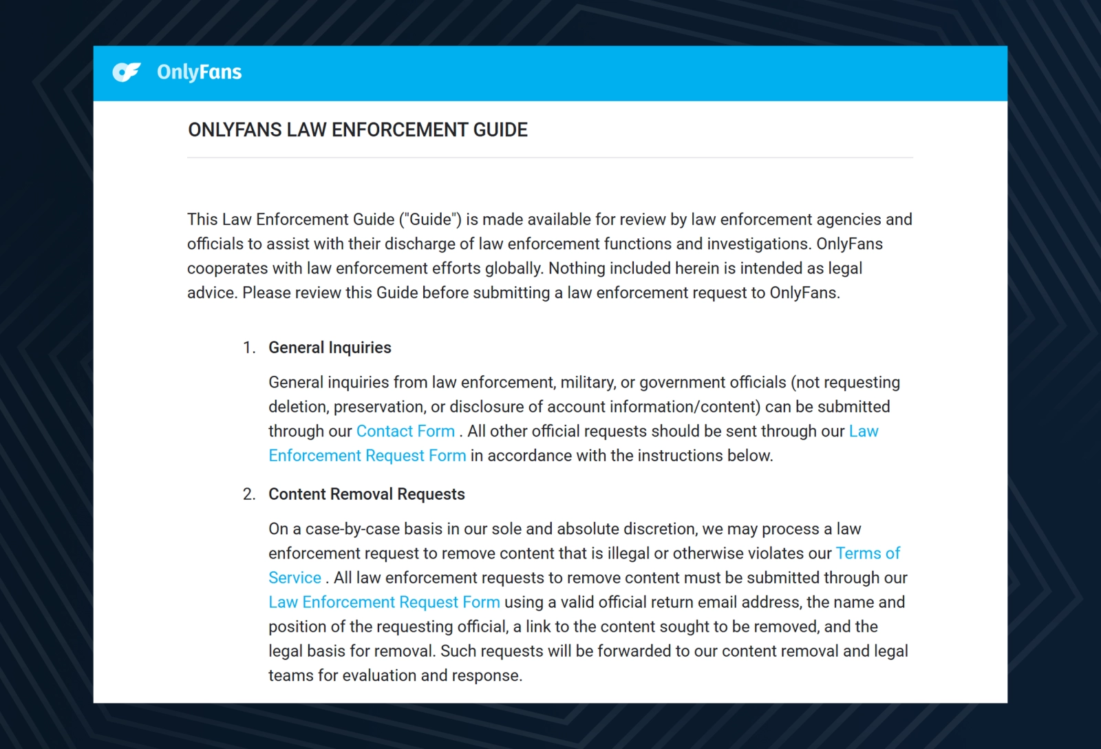 Official OnlyFans Law Enforcement Guide explaining data requests, content removal, and cooperation with authorities