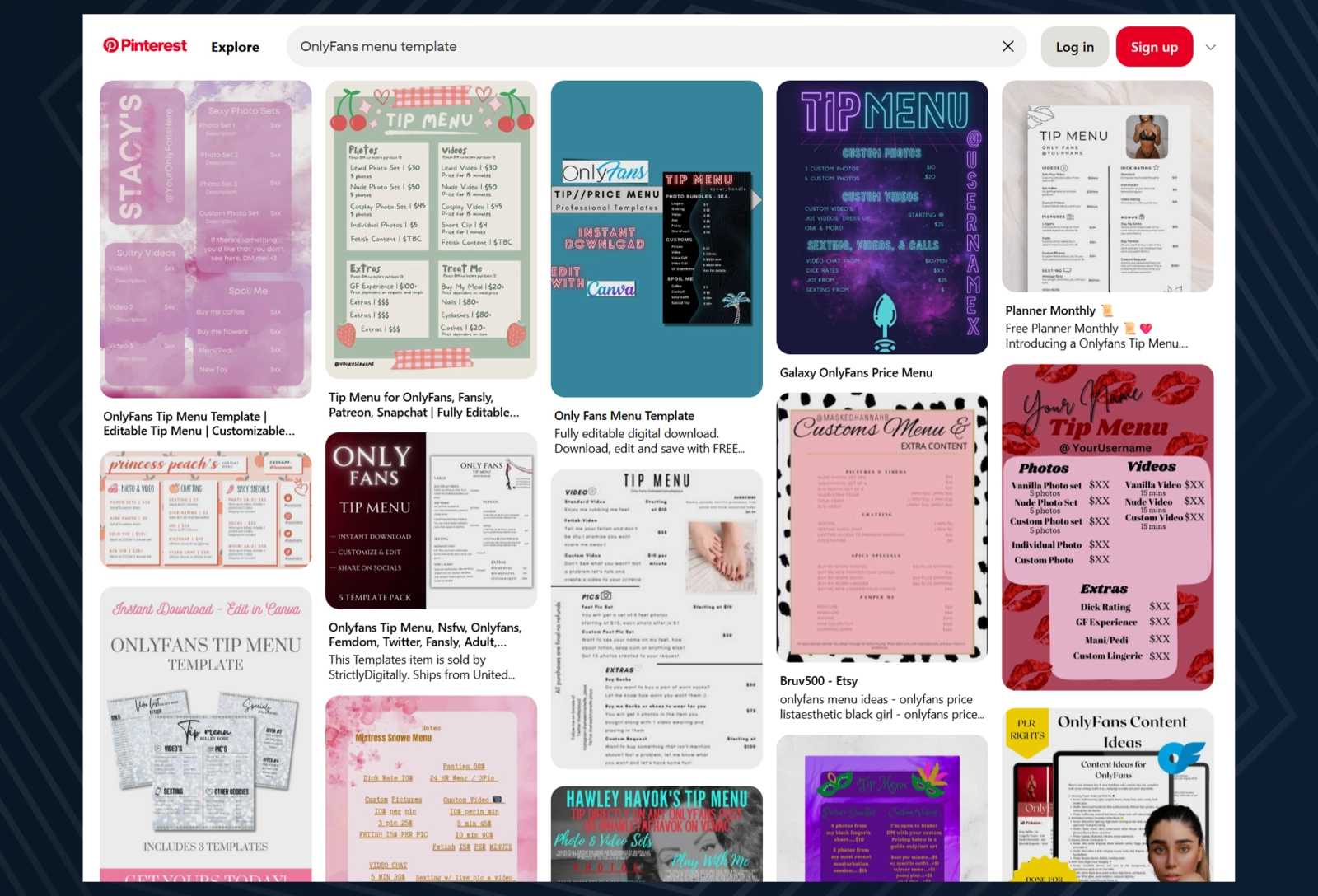 Examples of OnlyFans menu templates from Pinterest