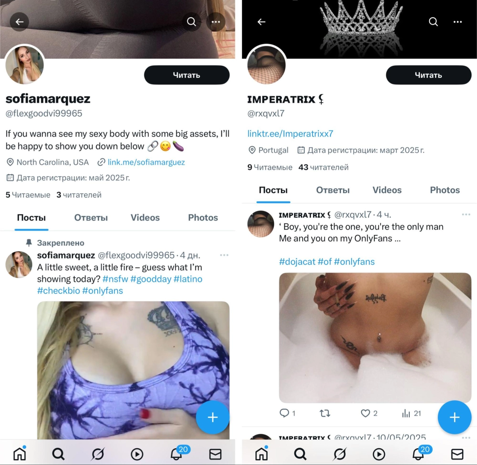 Пример страницы начинающей модели в Twitter