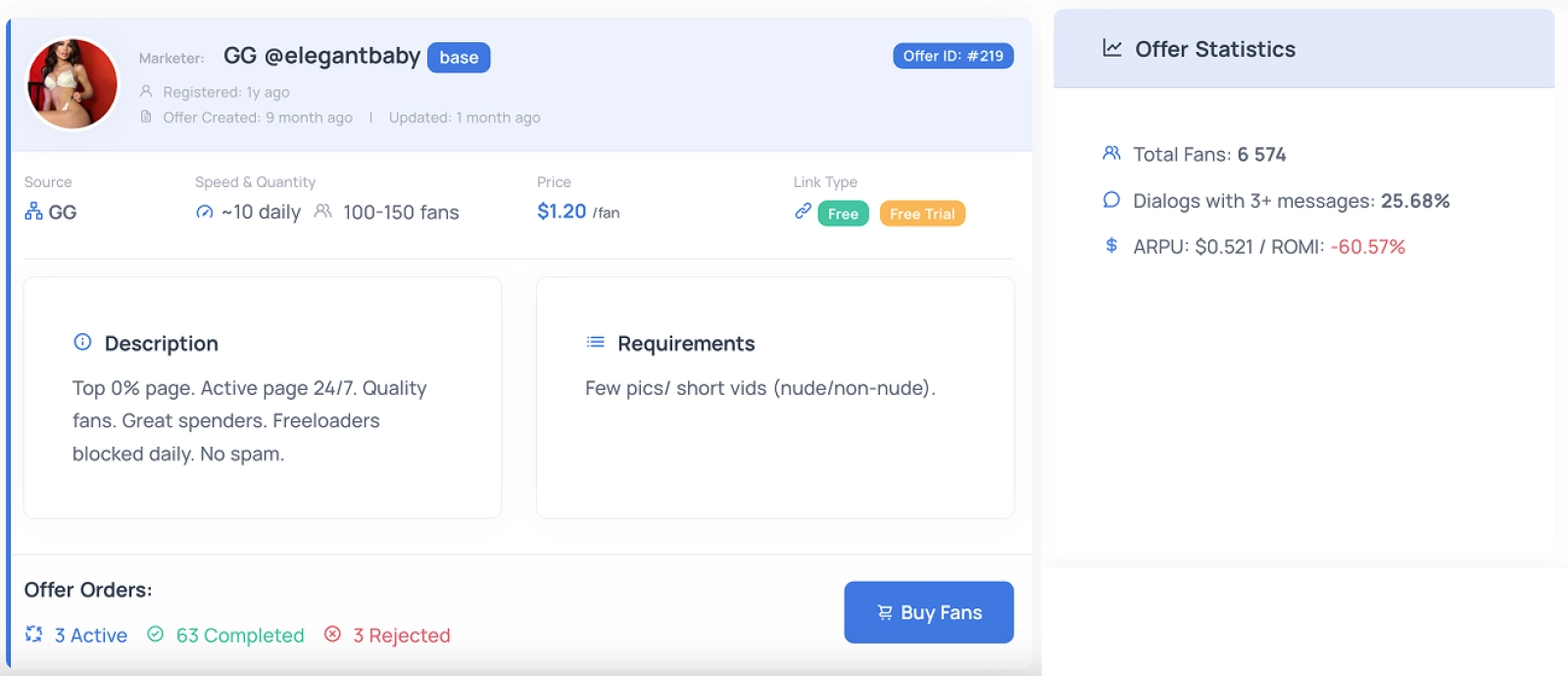 Profile of a model that sells GG traffic on the OnlyTraffic platform