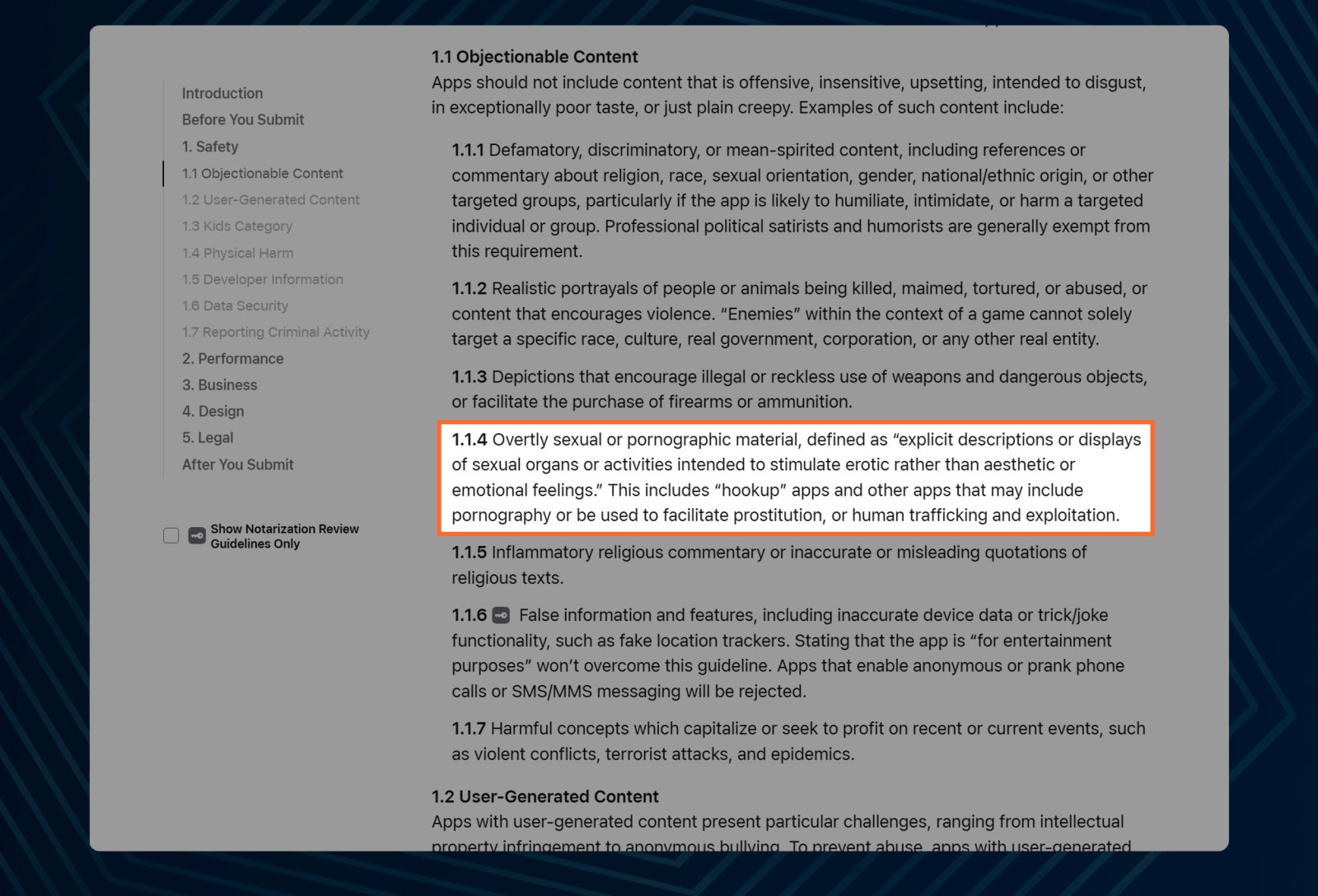 Prohibition of sexually explicit or pornographic material in Apple's App Review Guidelines