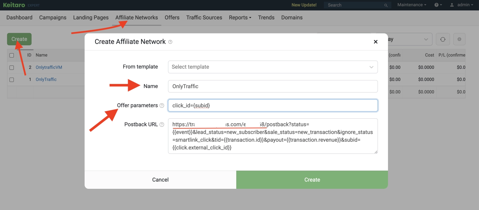 Set up OnlyTraffic as affiliate program to Keitaro