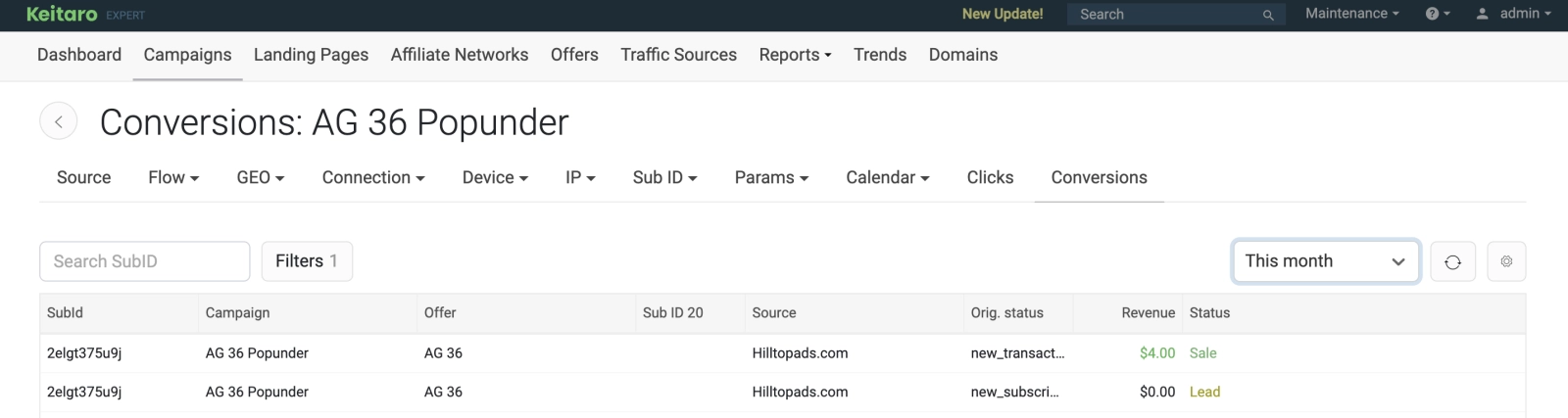 tracking conversion screen
