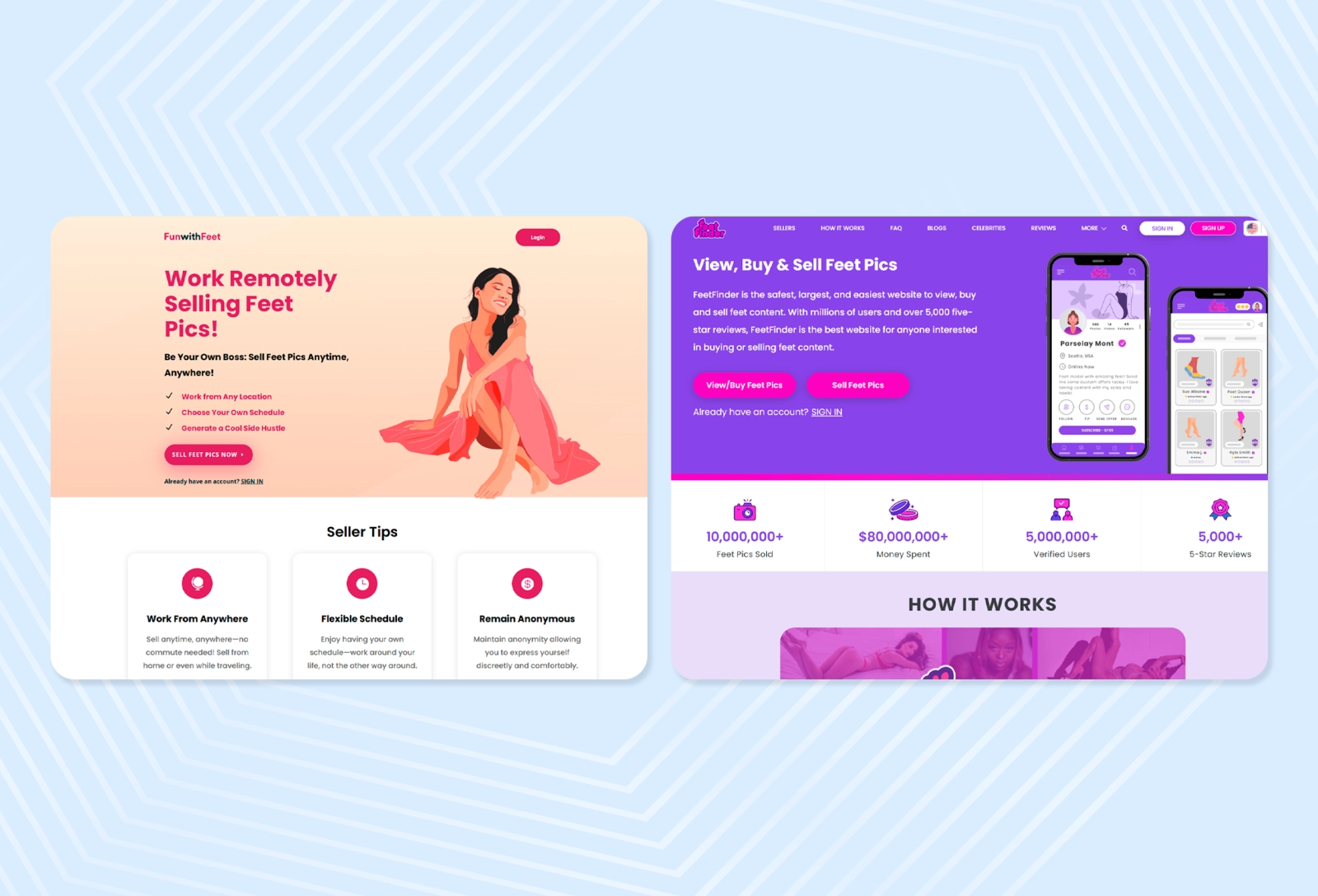 Feetfinder and Funwithfeet are the two most popular websites for selling photos of feet