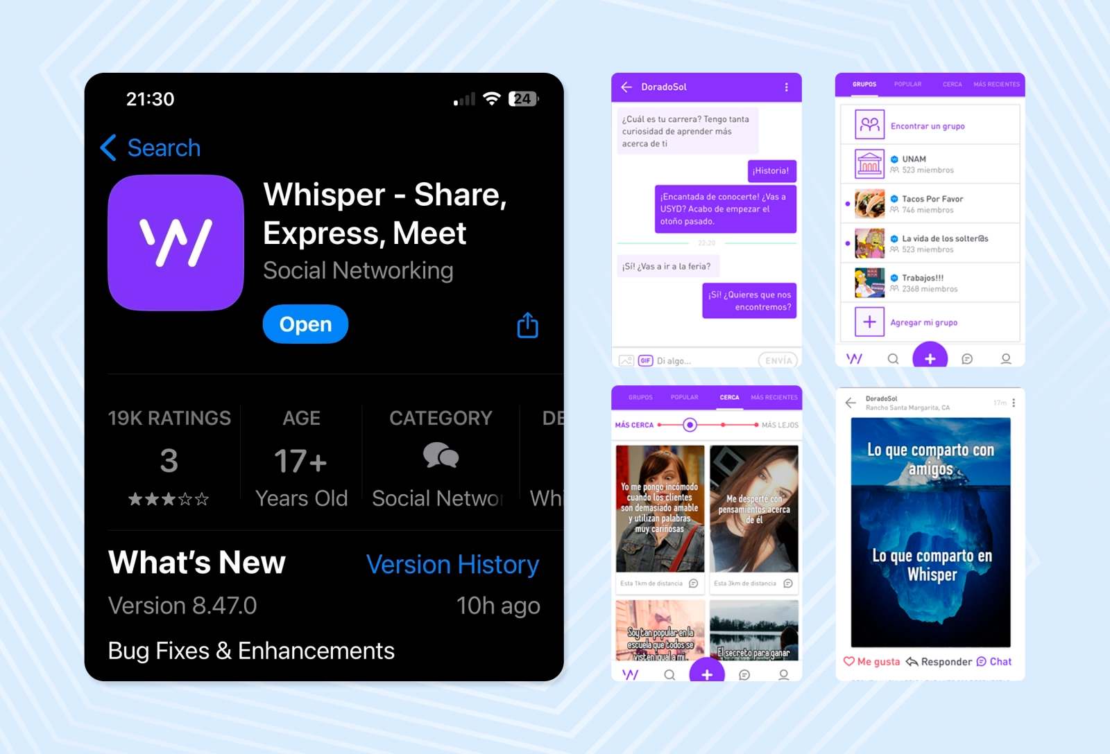 The Whisper anonymous messenger page in the App Store