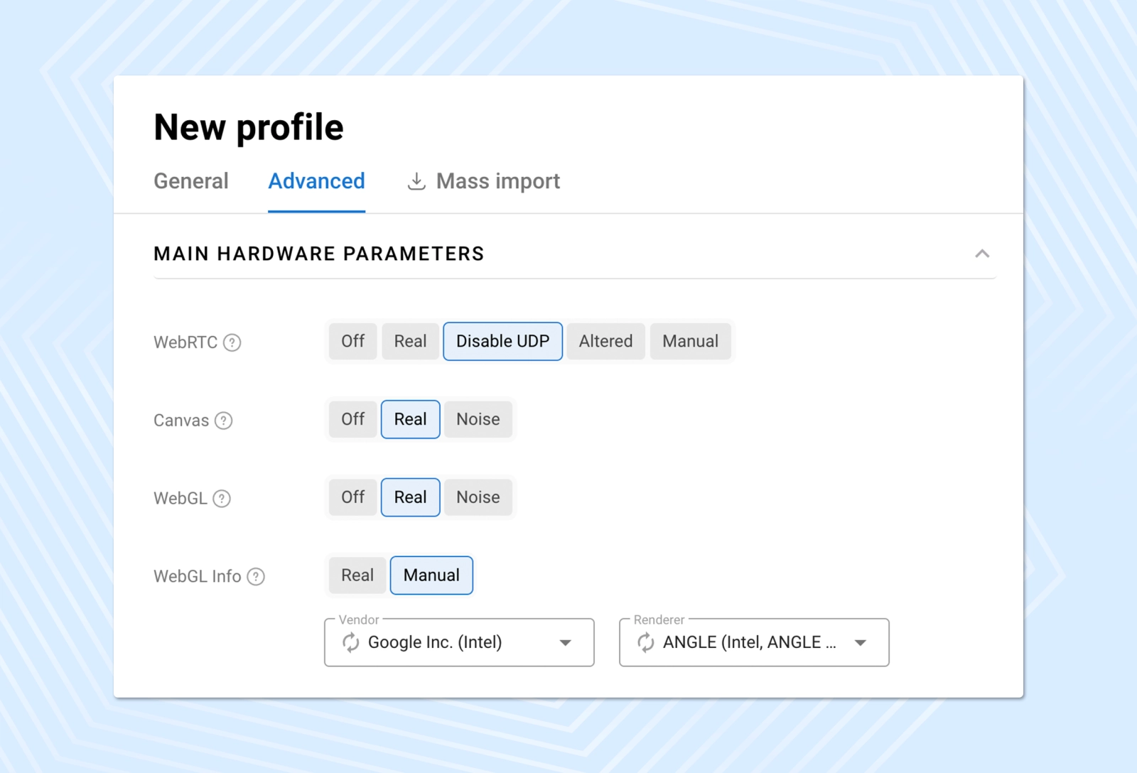 Antidetect Browser create profile page