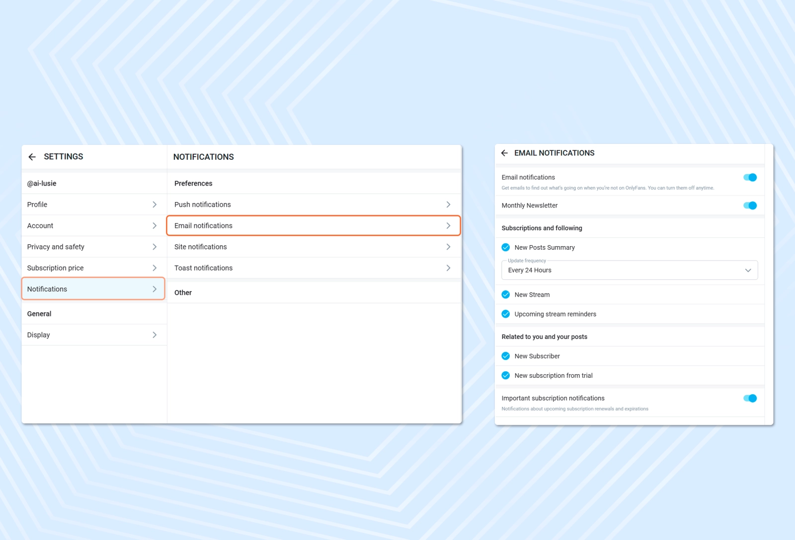 The Notifications section contains settings for all types of notifications