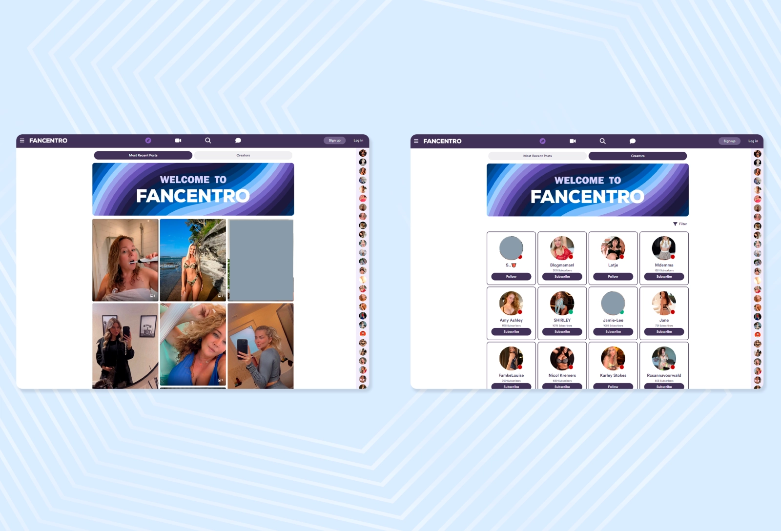 The FanCentro homepage looks like a large catalog featuring models