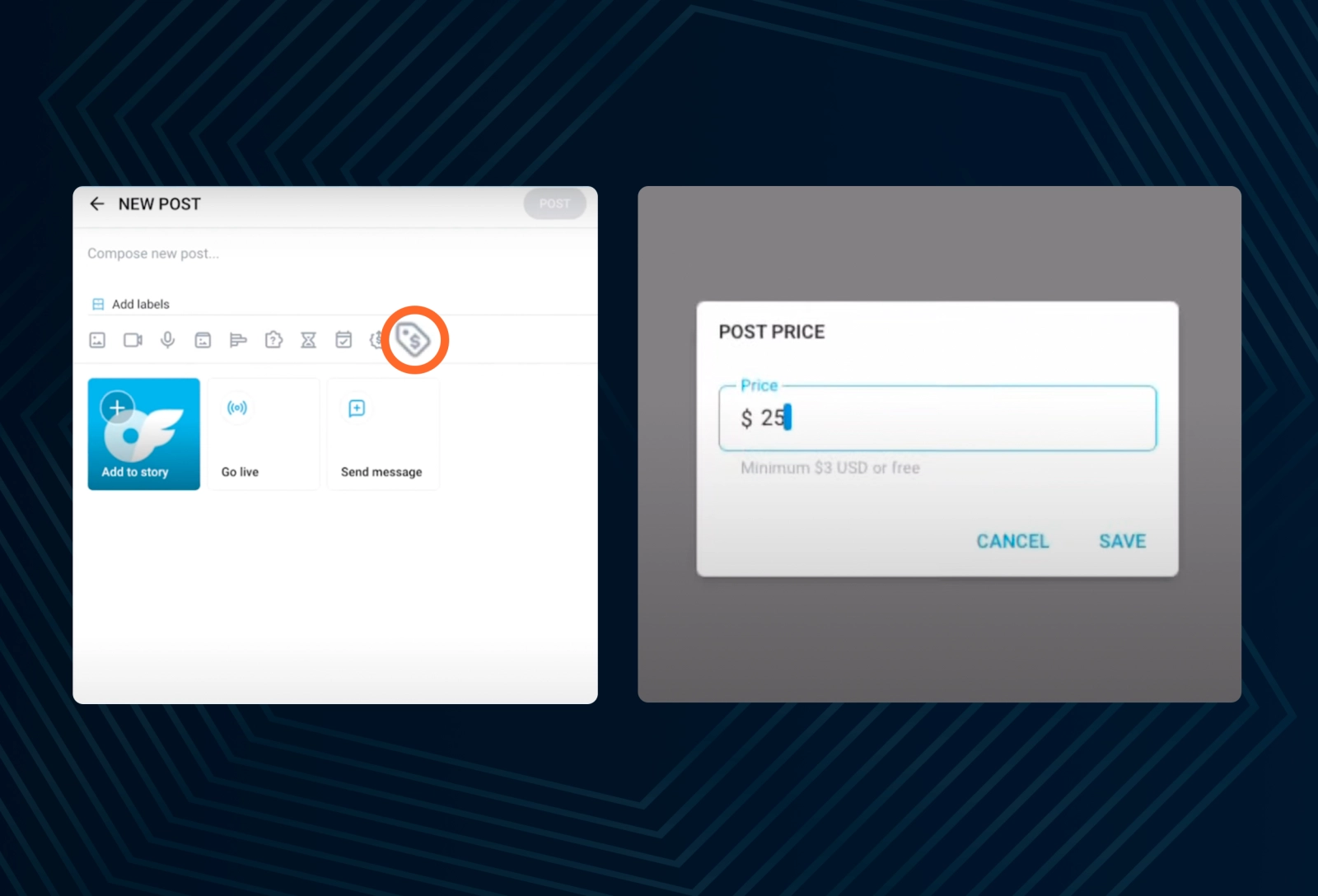 After clicking on the price tag button, you need to specify the price for viewing your post