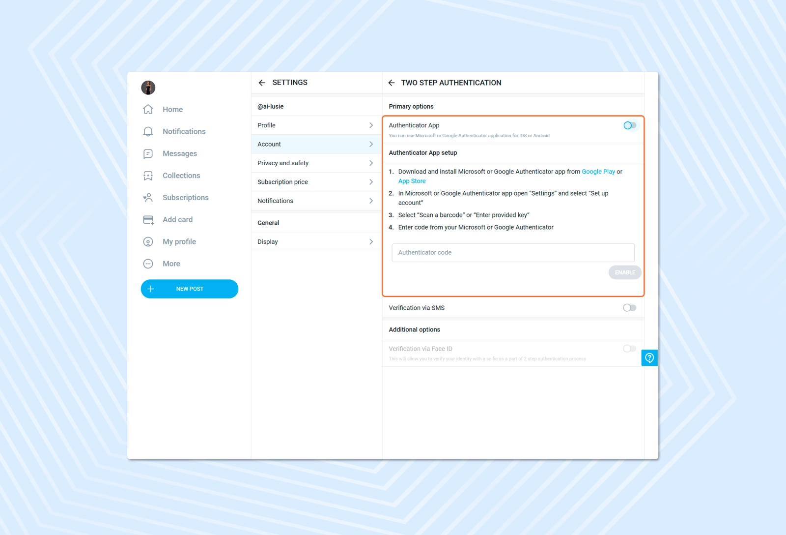 2FA authentication in OnlyFans via the app