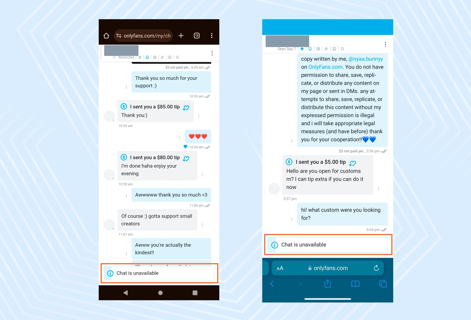 This is what an unavailable chat looks like on Android and iOS