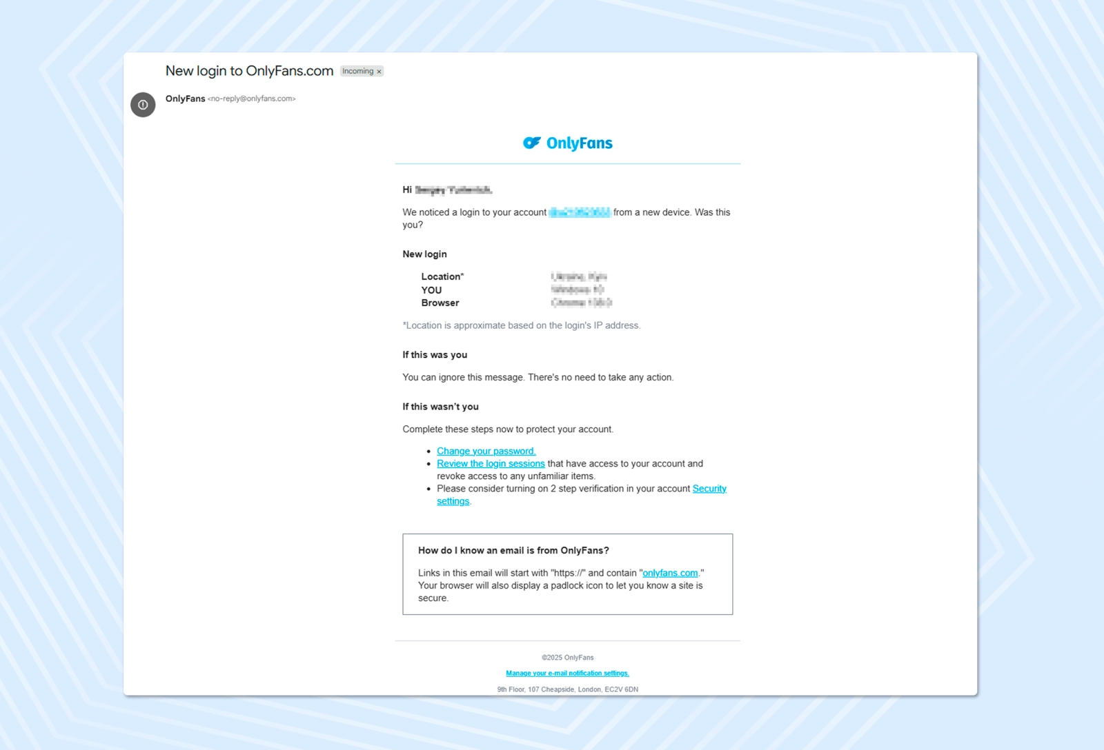 Example of email notifications from OnlyFans