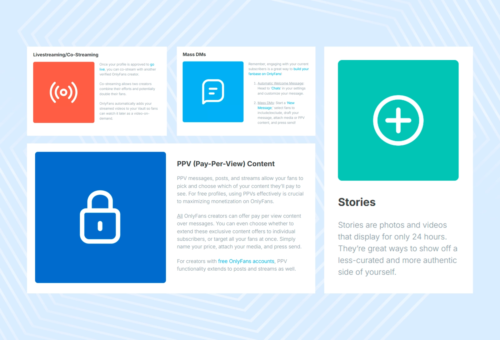 Whatever type of content you choose, you can publish it in a format that suits you, from stories to pay-per-view posts