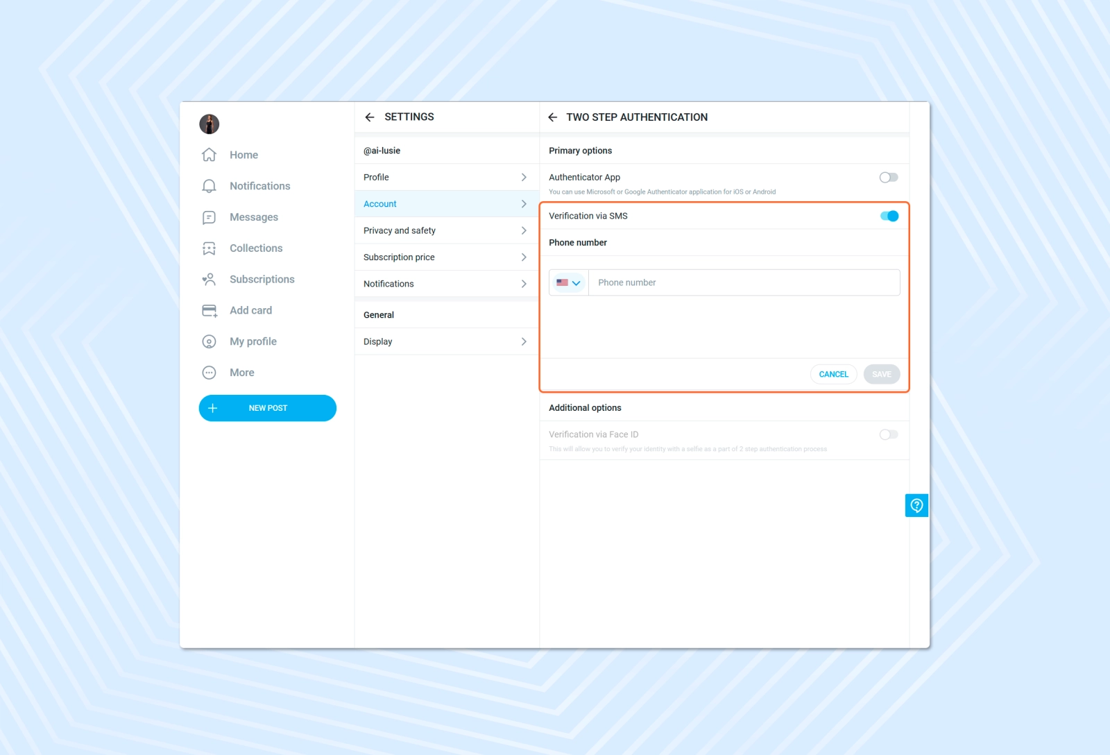 2FA authentication in OnlyFans via verification via SMS