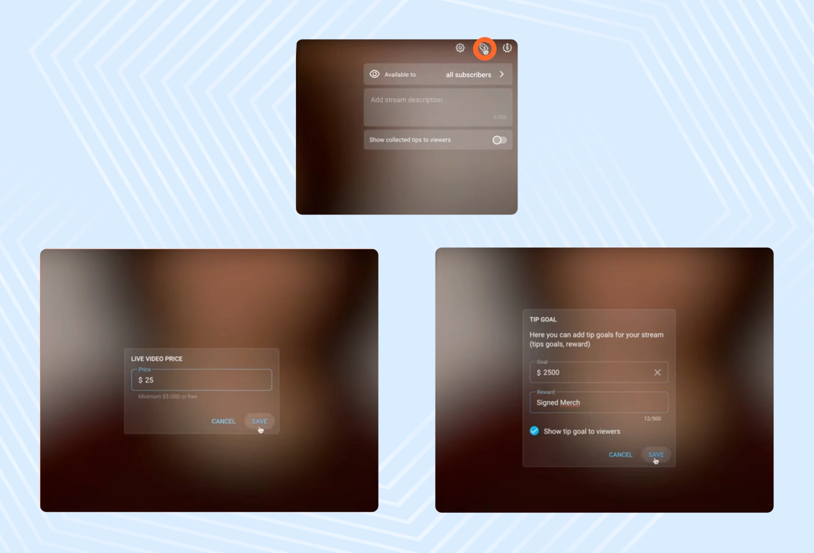 Before the live stream begins, you can set the viewing price and tip goal