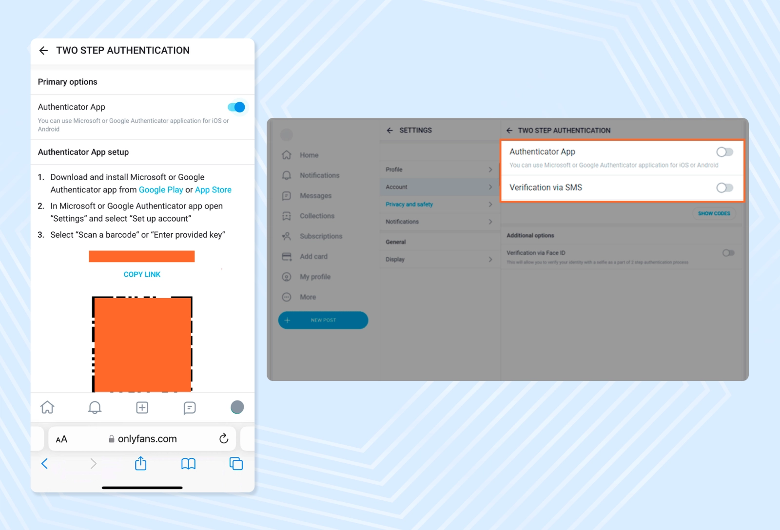 Setting up two-factor authentication on OnlyFans is available from both your phone and laptop/desktop