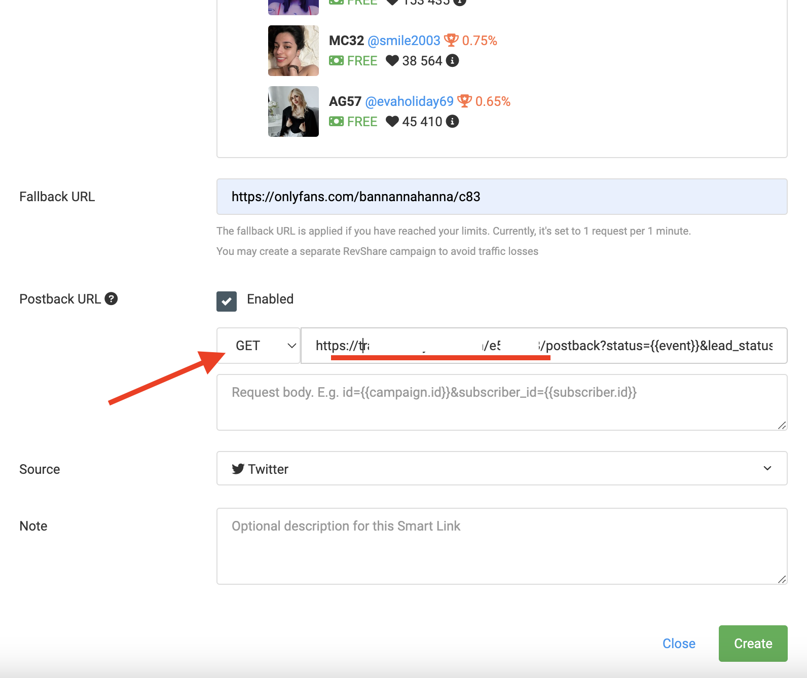 Add postback in smart link OnlyTraffic