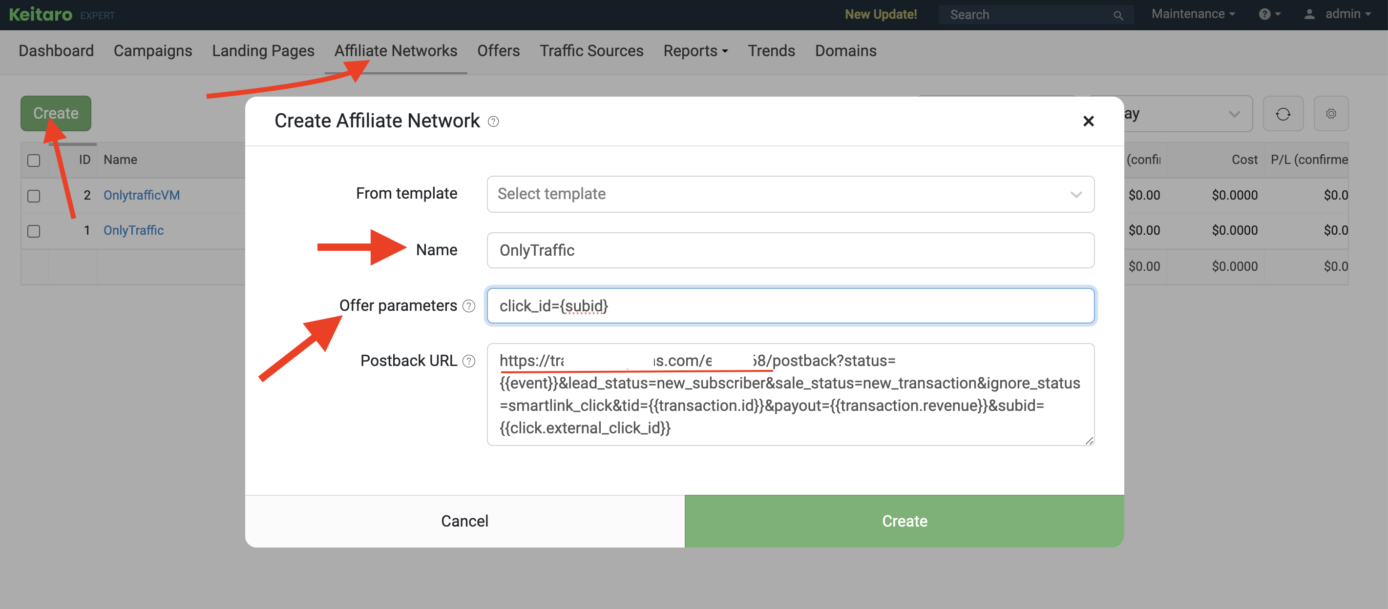 Set up OnlyTraffic as affiliate program to Keitaro