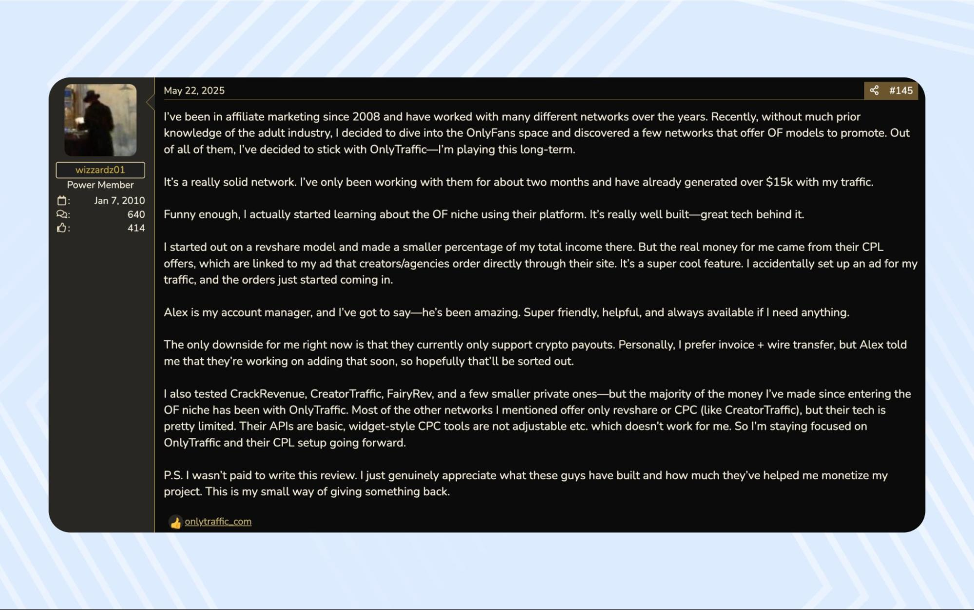 Comment about the OnlyTraffic platform by wizzardz01 on the BlackHatWorld forum