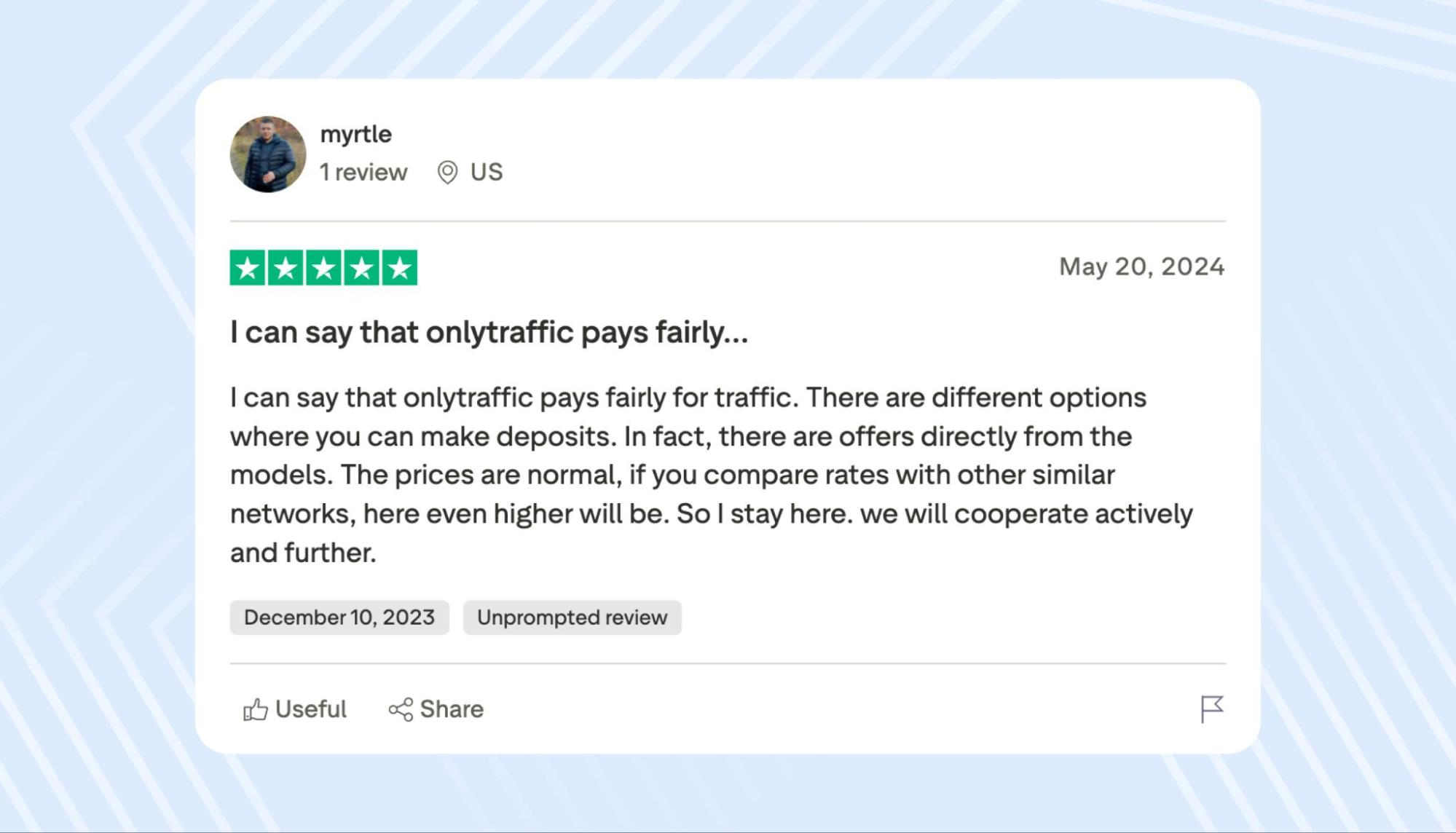 Comment from marketer myrtle on the Trustpilot platform