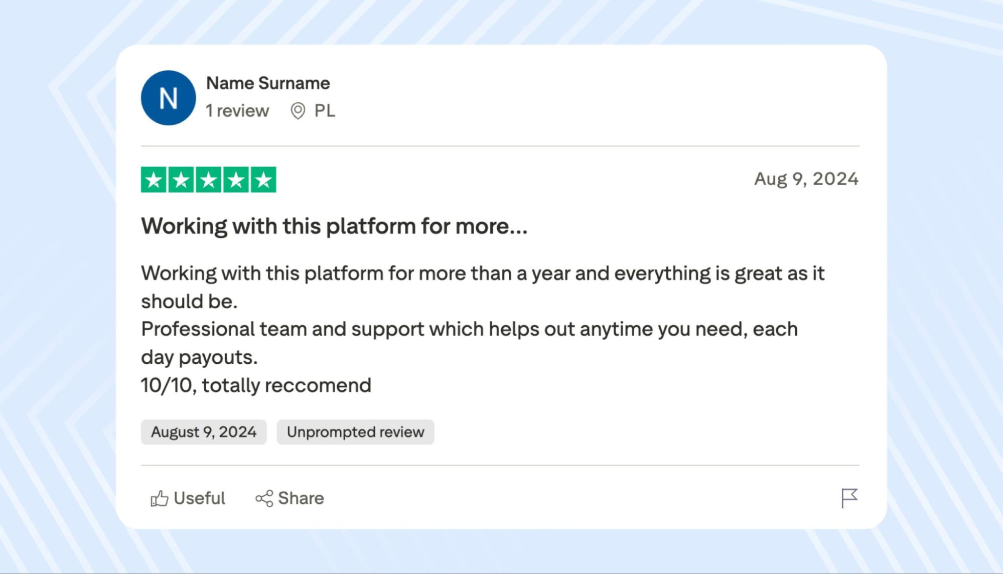 Review by Name Surname on the Trustpilot platform