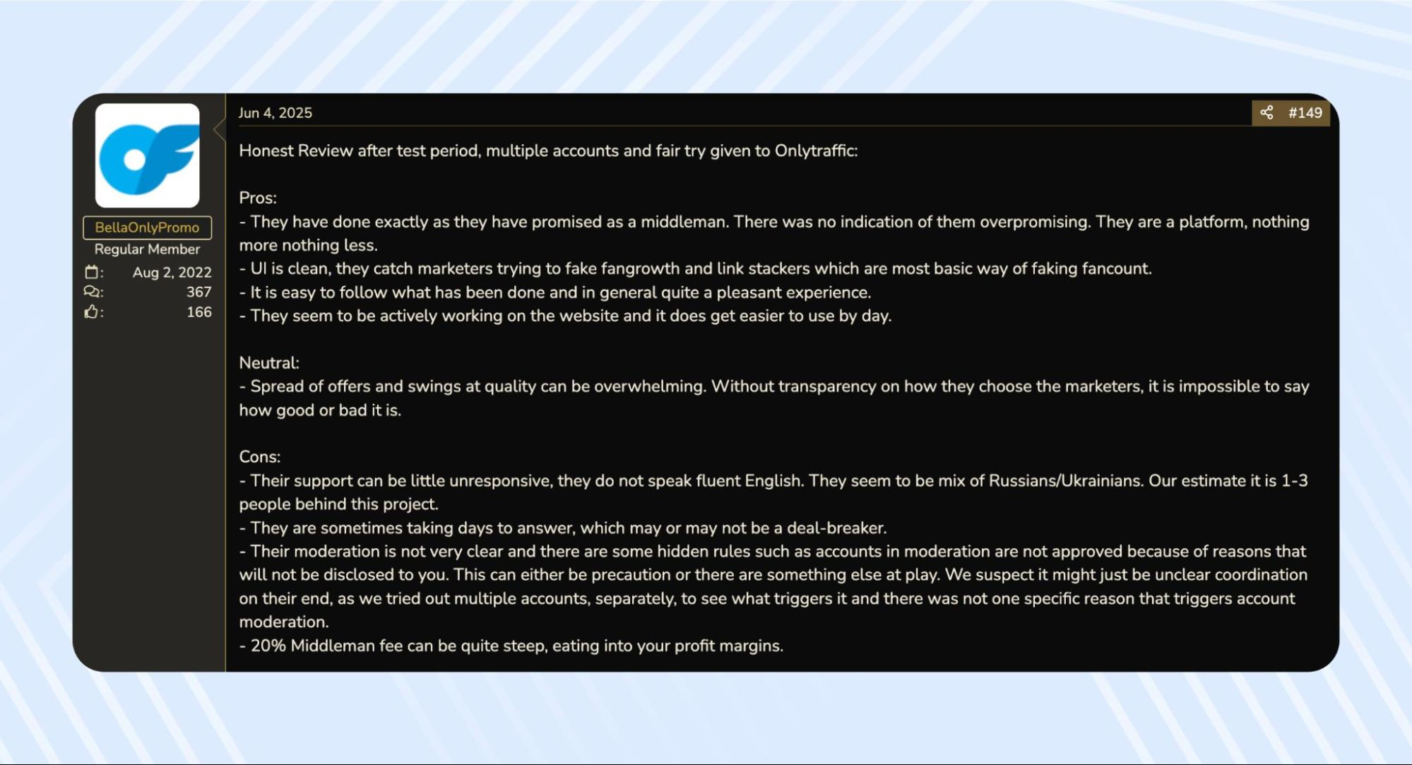Review of the OnlyTraffic platform by user BellaOnlyPromo
