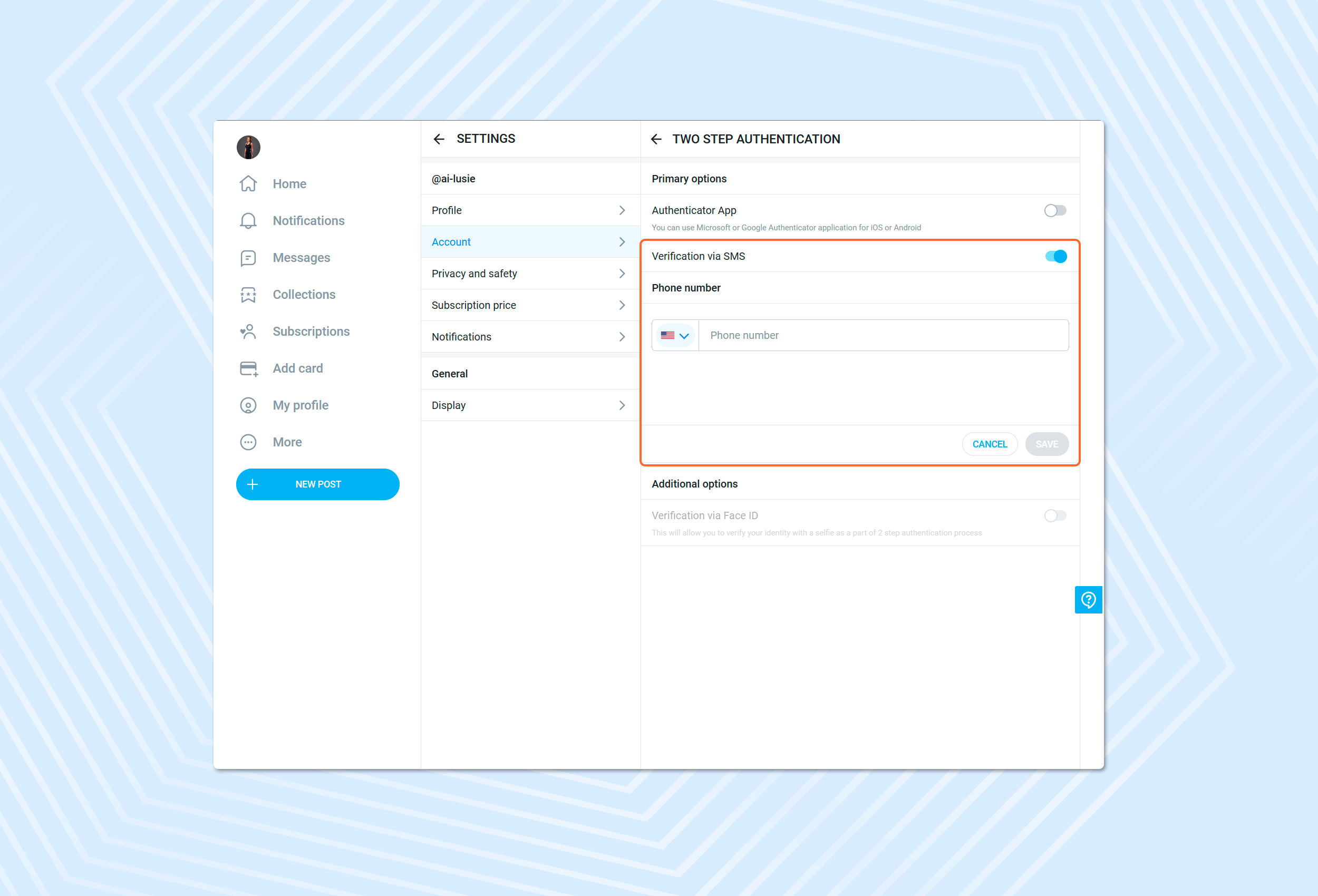 2FA authentication in OnlyFans via verification via SMS