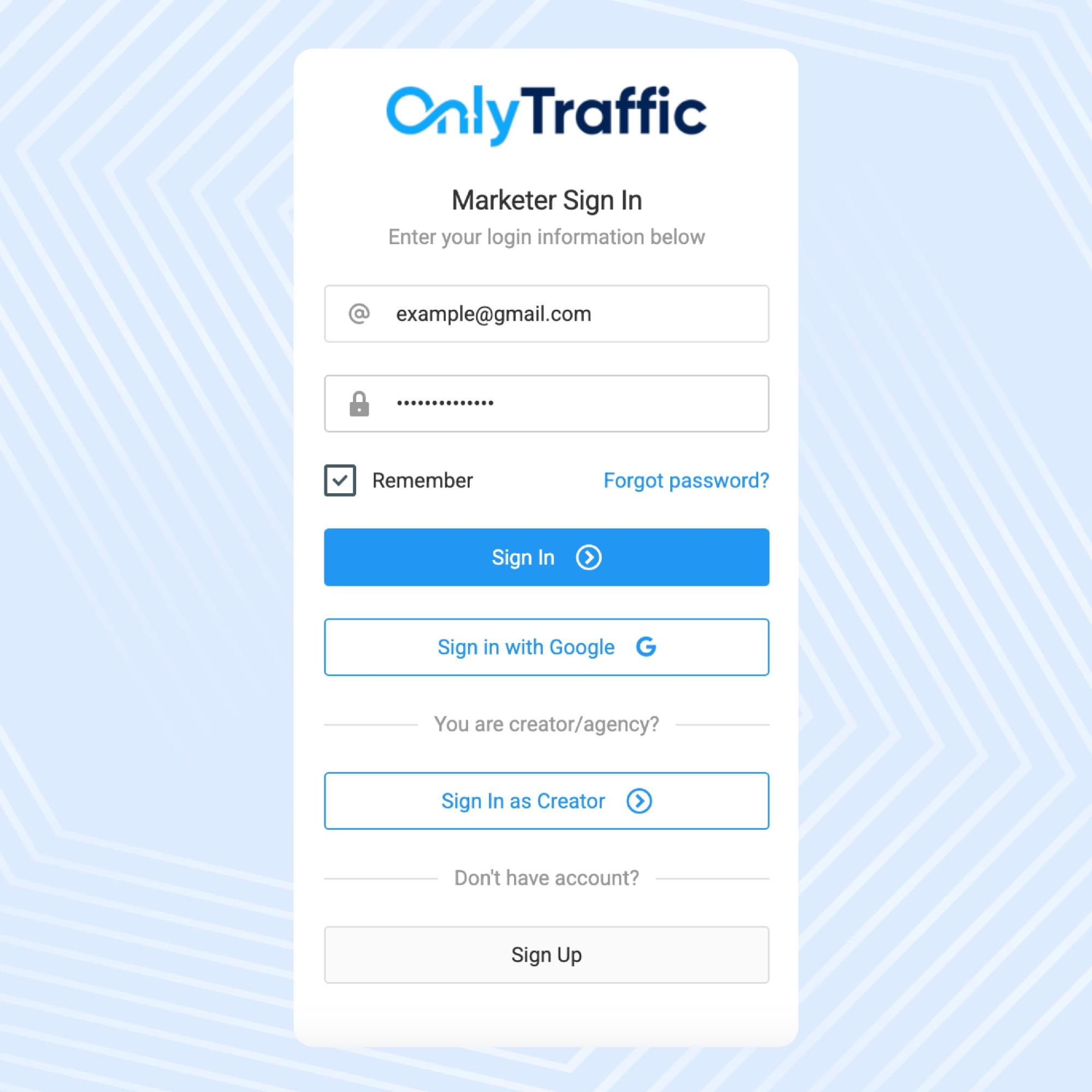 Registration page on the OnlyTraffic platform