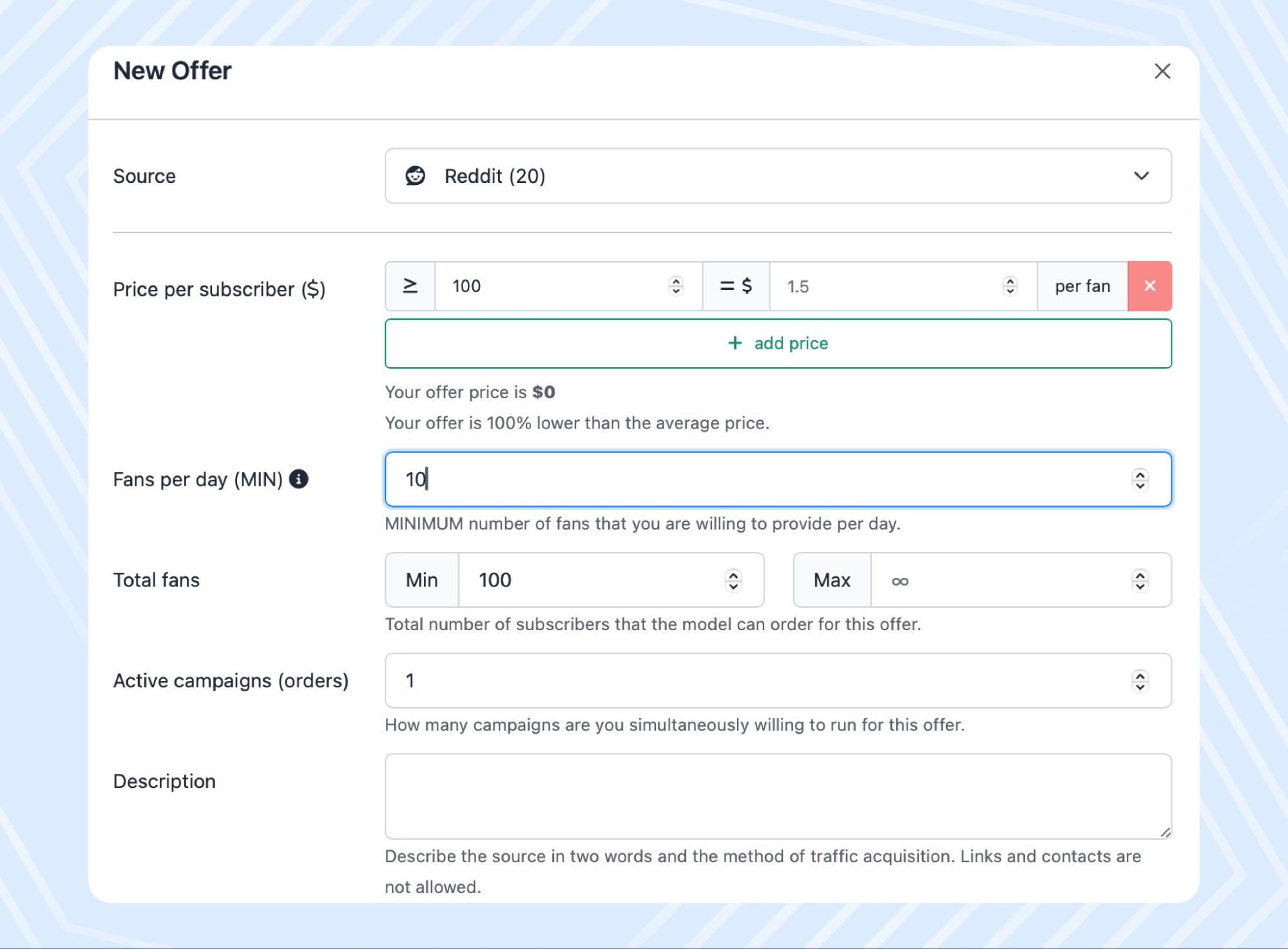 Setting the price per subscriber brought in by the offer