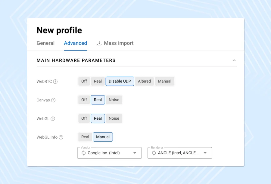 Antidetect Browser create profile page