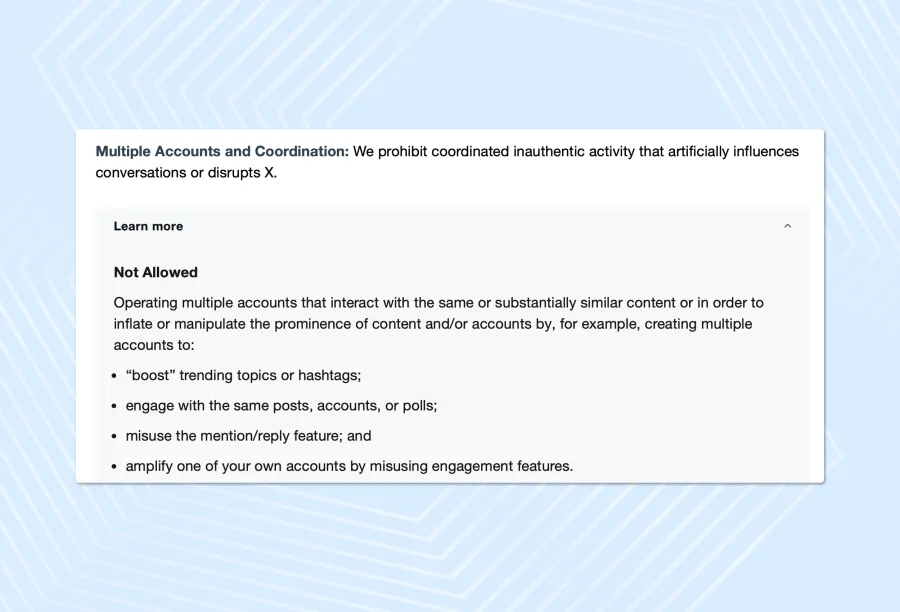 The section of X’s rules dedicated to multiaccounting is full of restrictions