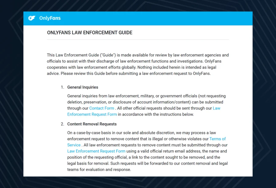 Official OnlyFans Law Enforcement Guide explaining data requests, content removal, and cooperation with authorities