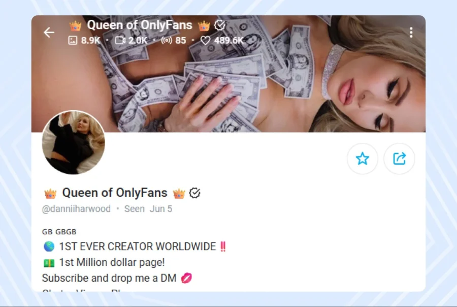 Страница королевы OnlyFans Дэнни Харвуд