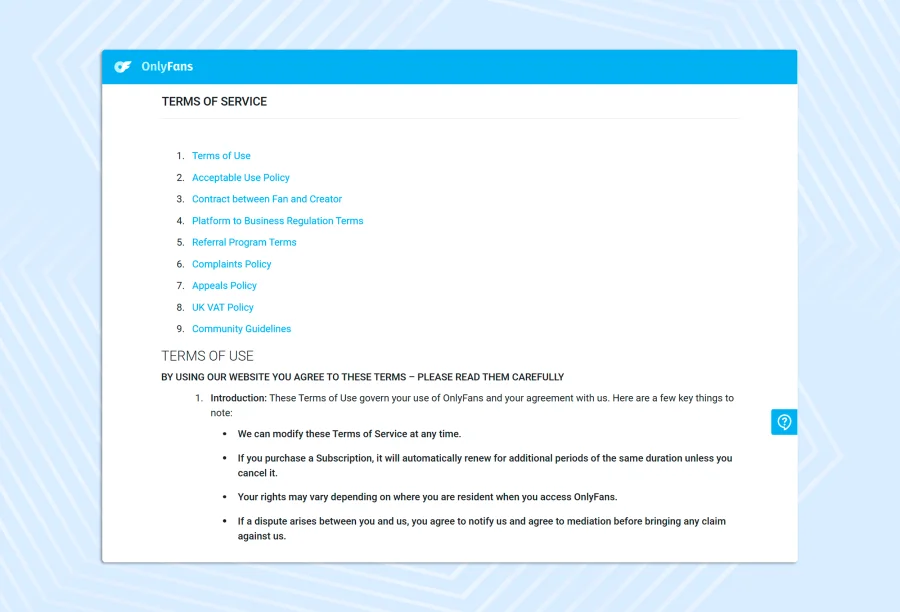 Reviewing the Terms of Service is a mandatory step before starting your career on the platform
