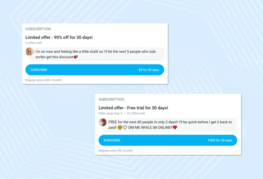 Example of a promotion and discount for a subscription to a model's OnlyFans account 