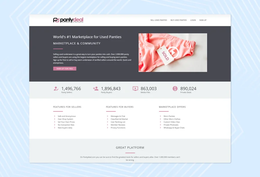 Home page of the PantyDeal website