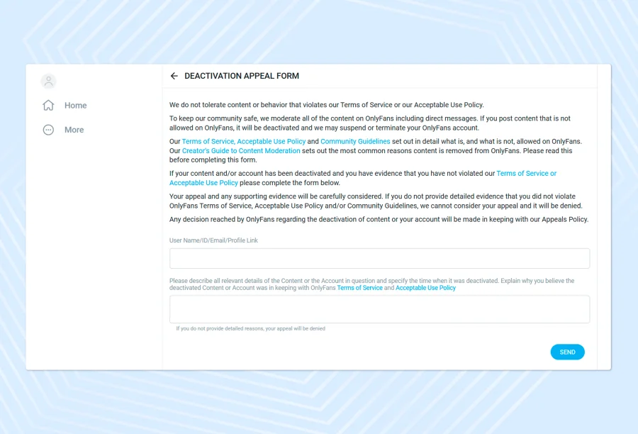 Deactivation Appeal Form in OnlyFans